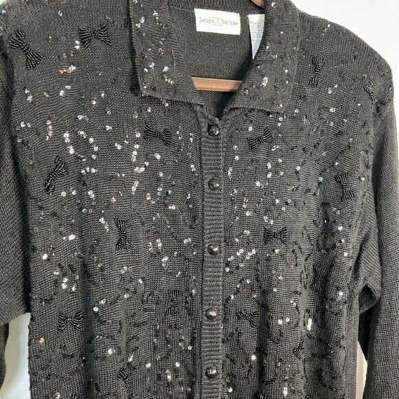 Vintage Jaclyn Smith Black Knit Sequin Beaded Bow Collared Coquette Cardigan - Picture 3 of 7